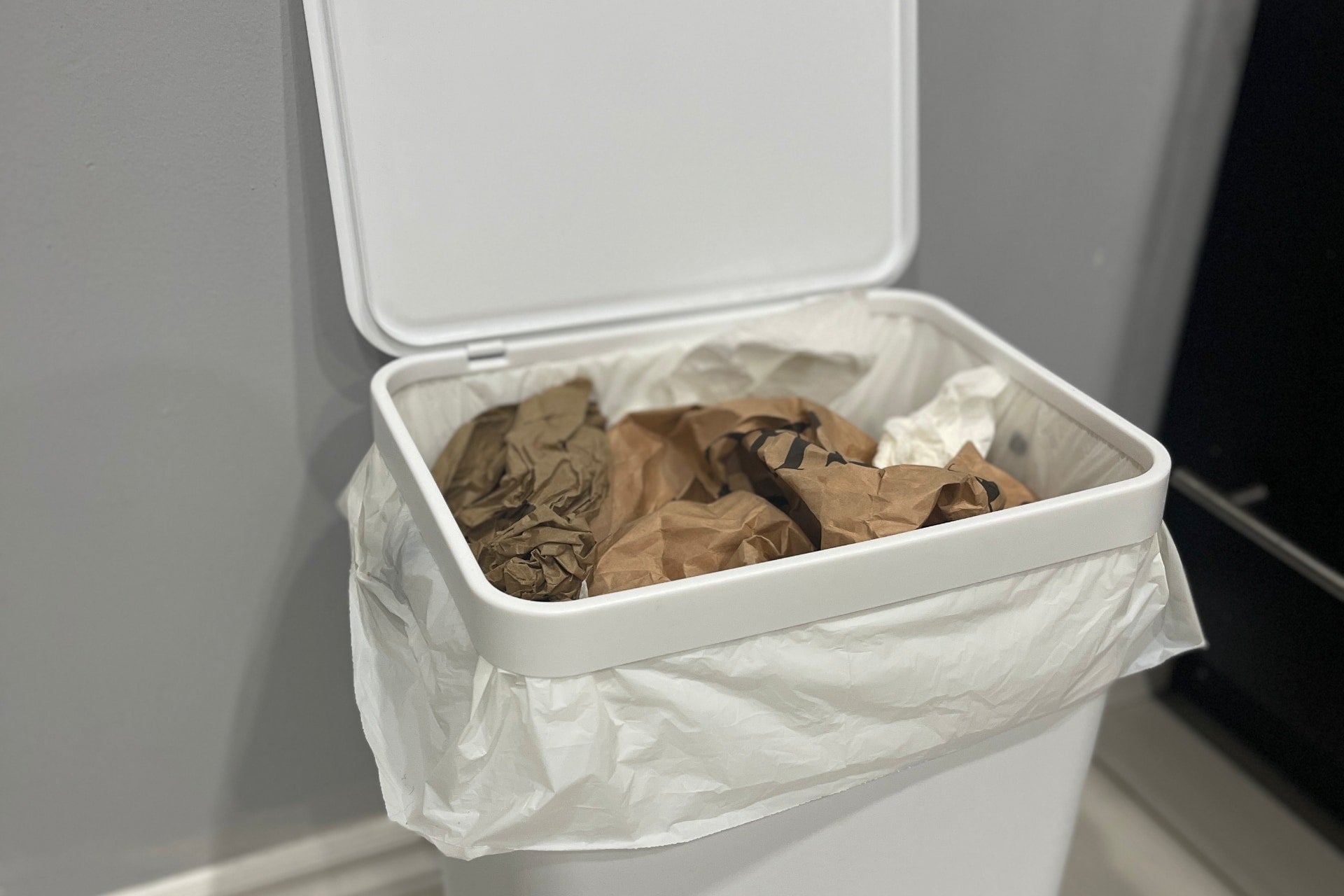 Compost bin with a Plastno compostable trash bag, 25 things you can compost but thought you couldn't
