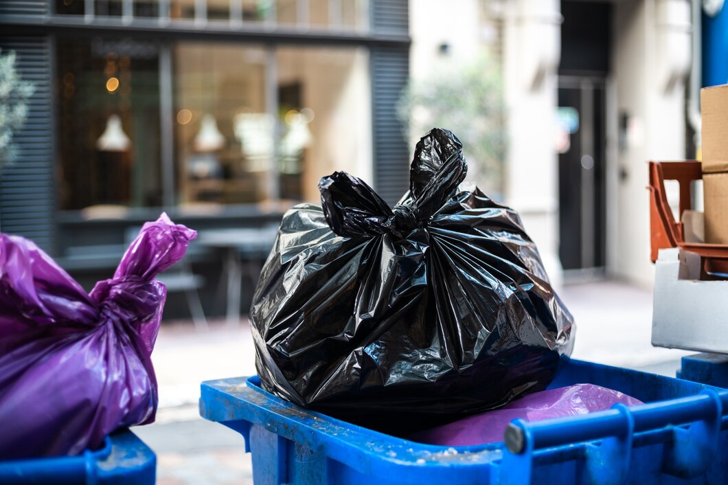 Black trash bag in a bin, why regular trash bags smell bad and sustainable solutions that work