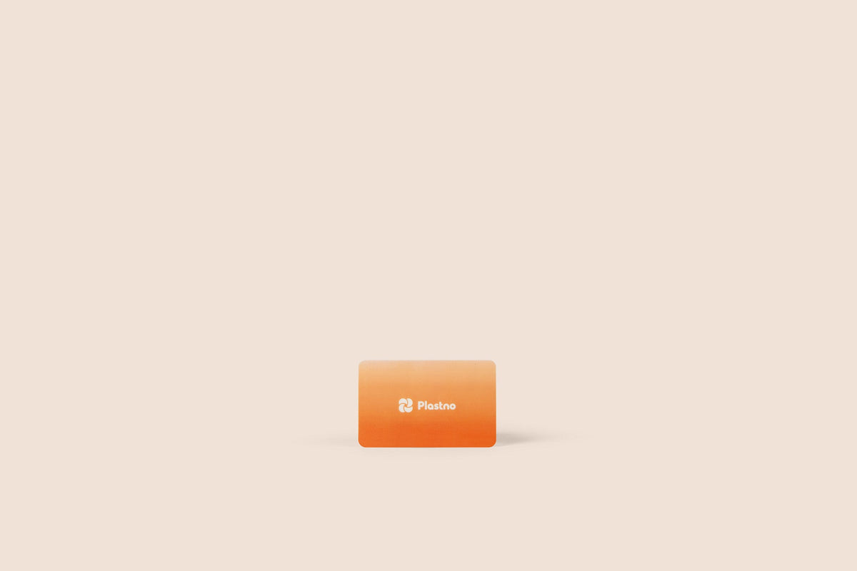 Plastno gift card in orange gradient with the white Plastno logo on a beige background