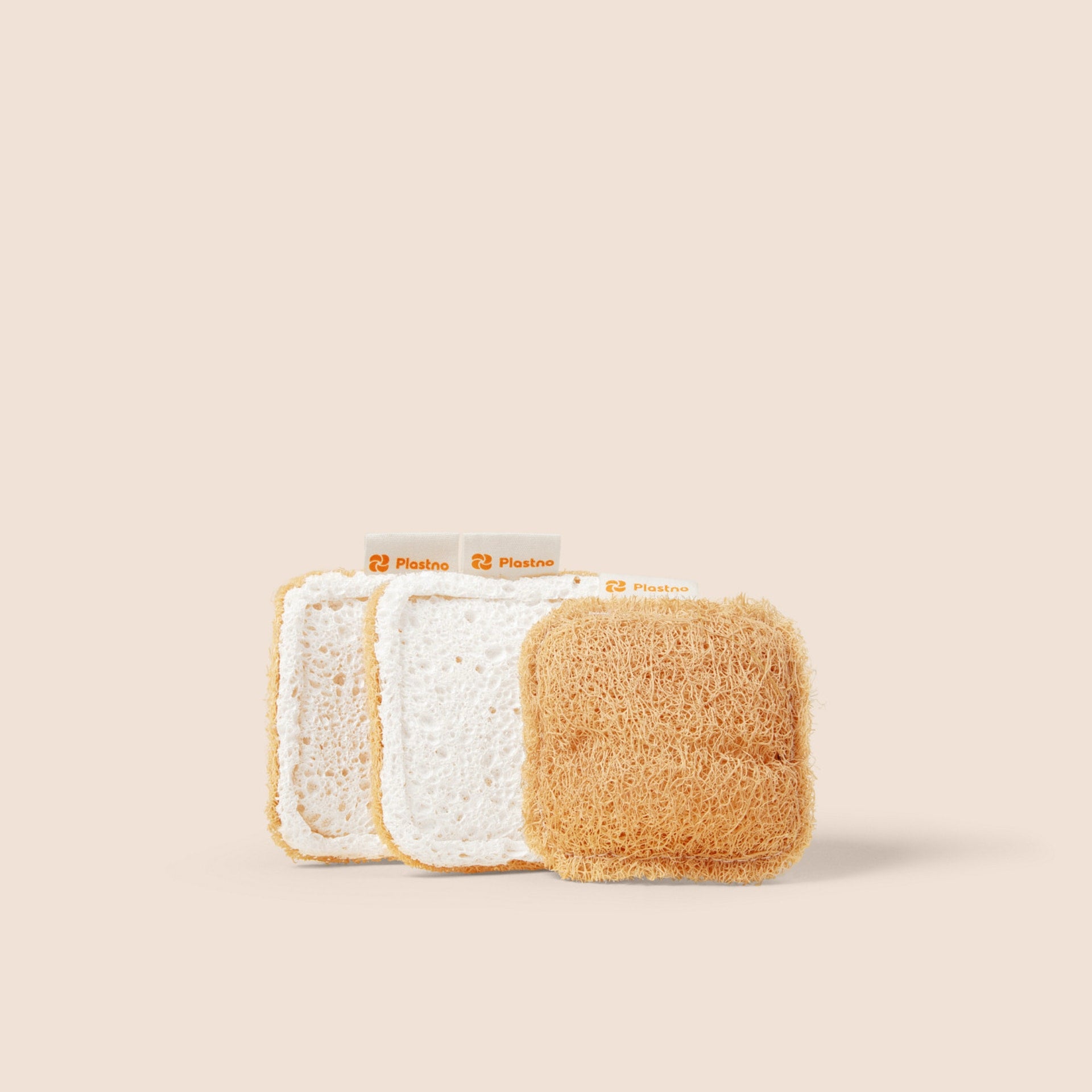 Plastno Scrub Sponge: loofah dish sponge 3-pack, tan loofah scrub side and white cellulose wash side, 3.75 inch square
