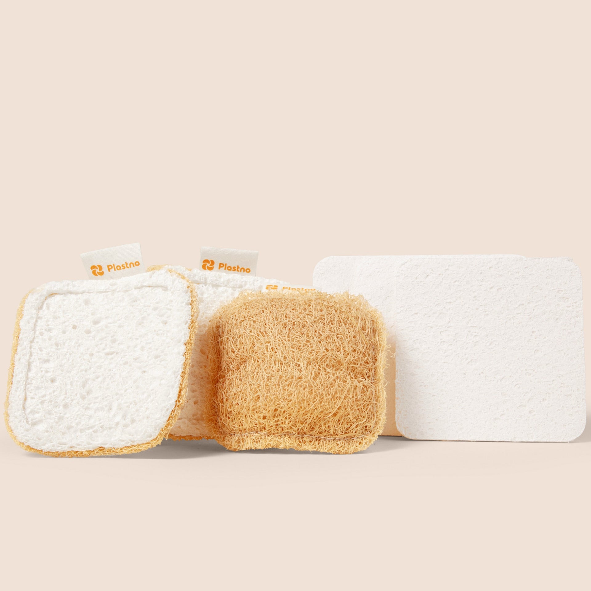 Plastno Sponge Set with two loofah and cellulose Scrub Sponges and a flat white Soak Sponge