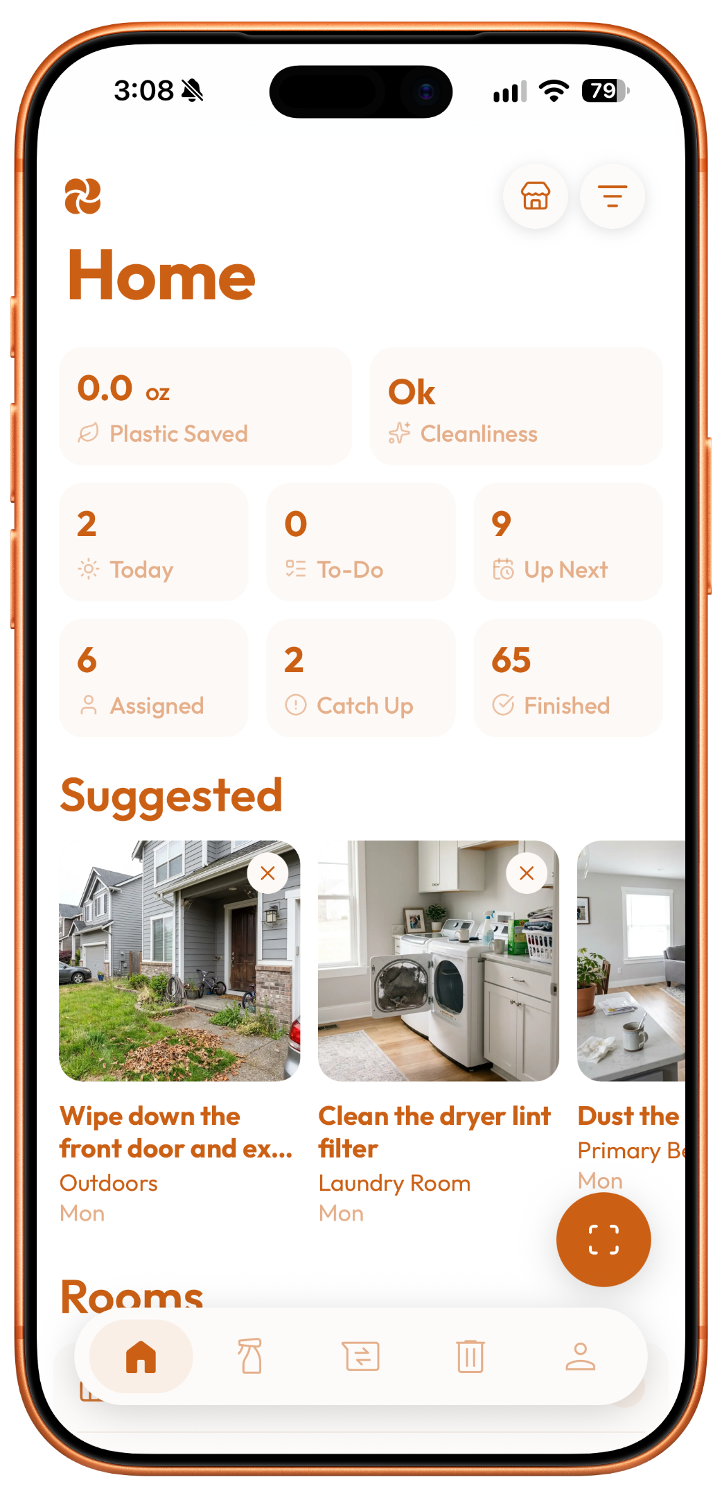 Plastnofy app home screen on an iPhone showing plastic saved, cleanliness score, task counts and suggested chores with photos