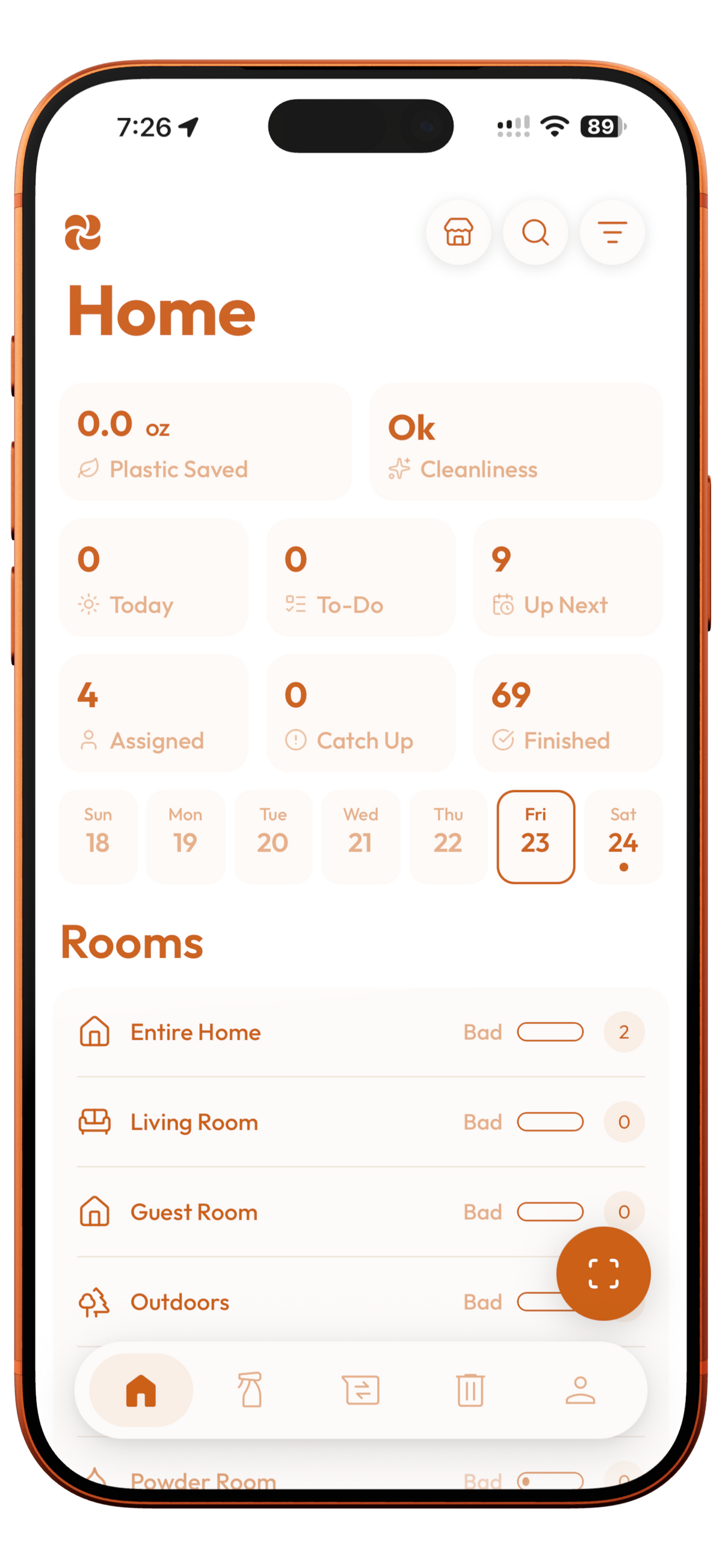 Plastnofy app home screen on an iPhone showing plastic saved, cleanliness score, task counts and suggested chores with photos