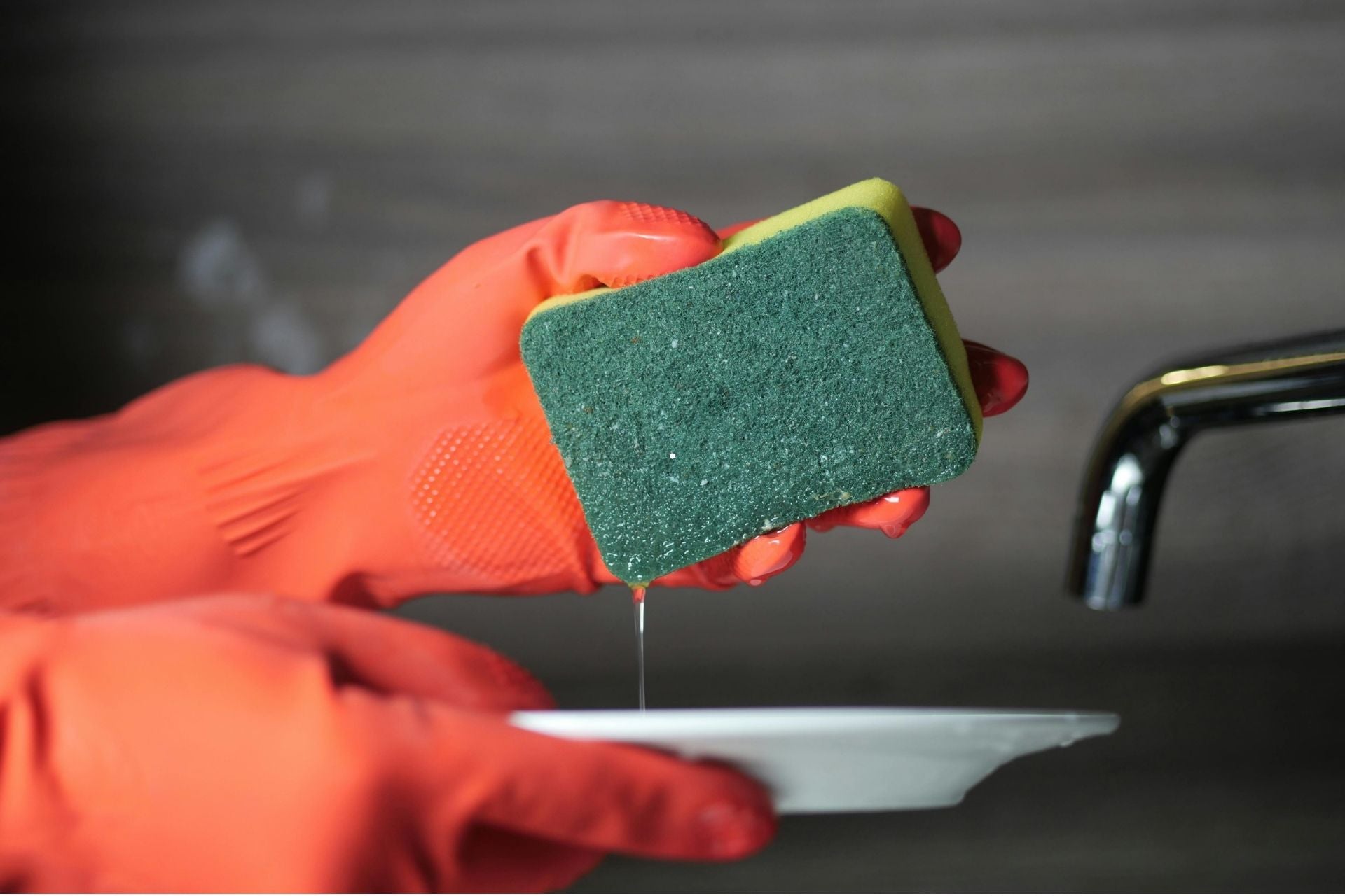 Gloved hands squeezing water from a worn green and yellow plastic dish sponge over a plate at the sink