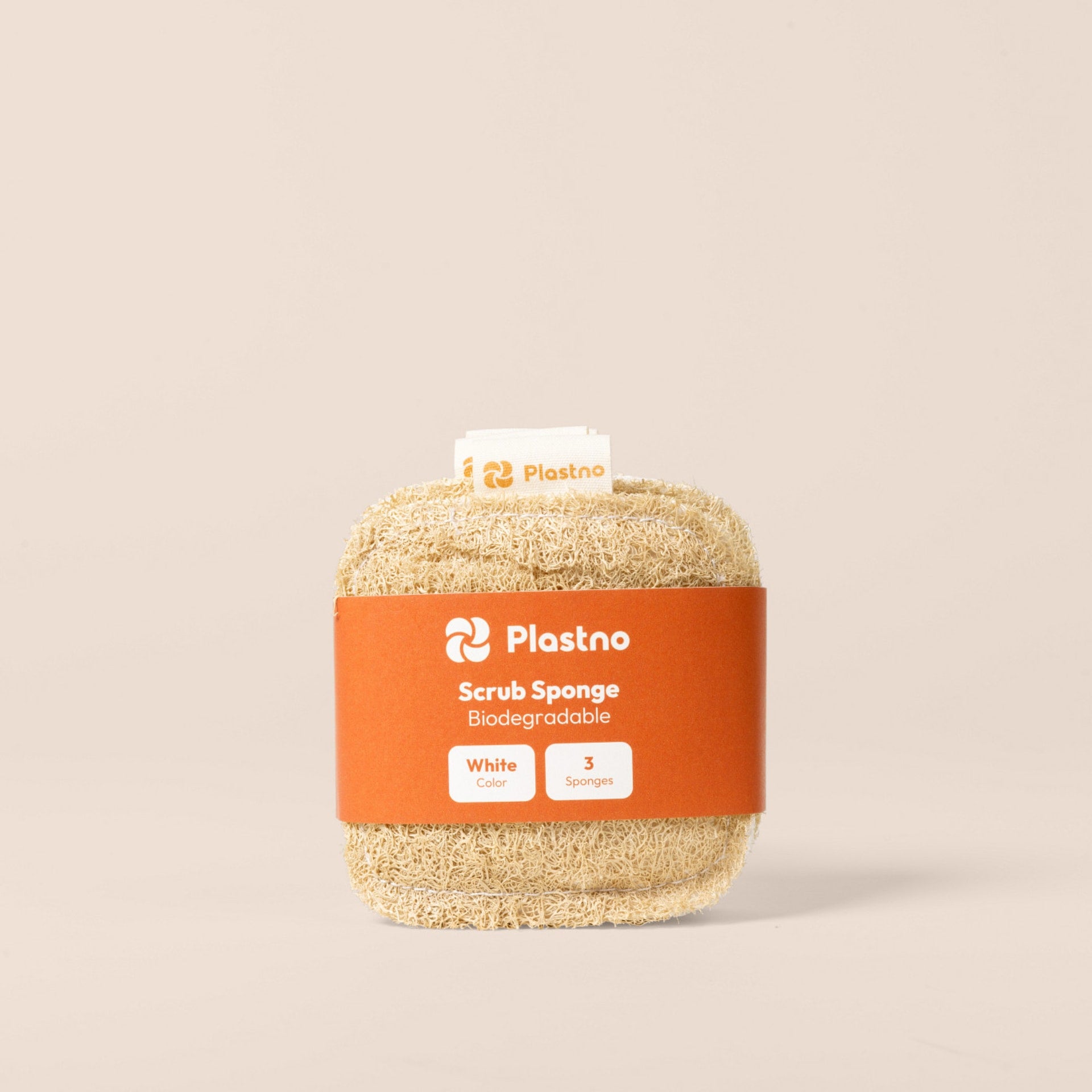 Plastno biodegradable Scrub Sponge 3-pack made from natural loofah in orange banded packaging on a beige background