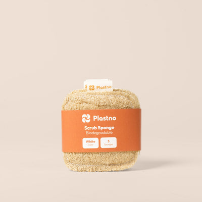 Plastno Scrub Sponge: loofah dish sponge 3-pack in tan and white with an orange paper band on a beige background