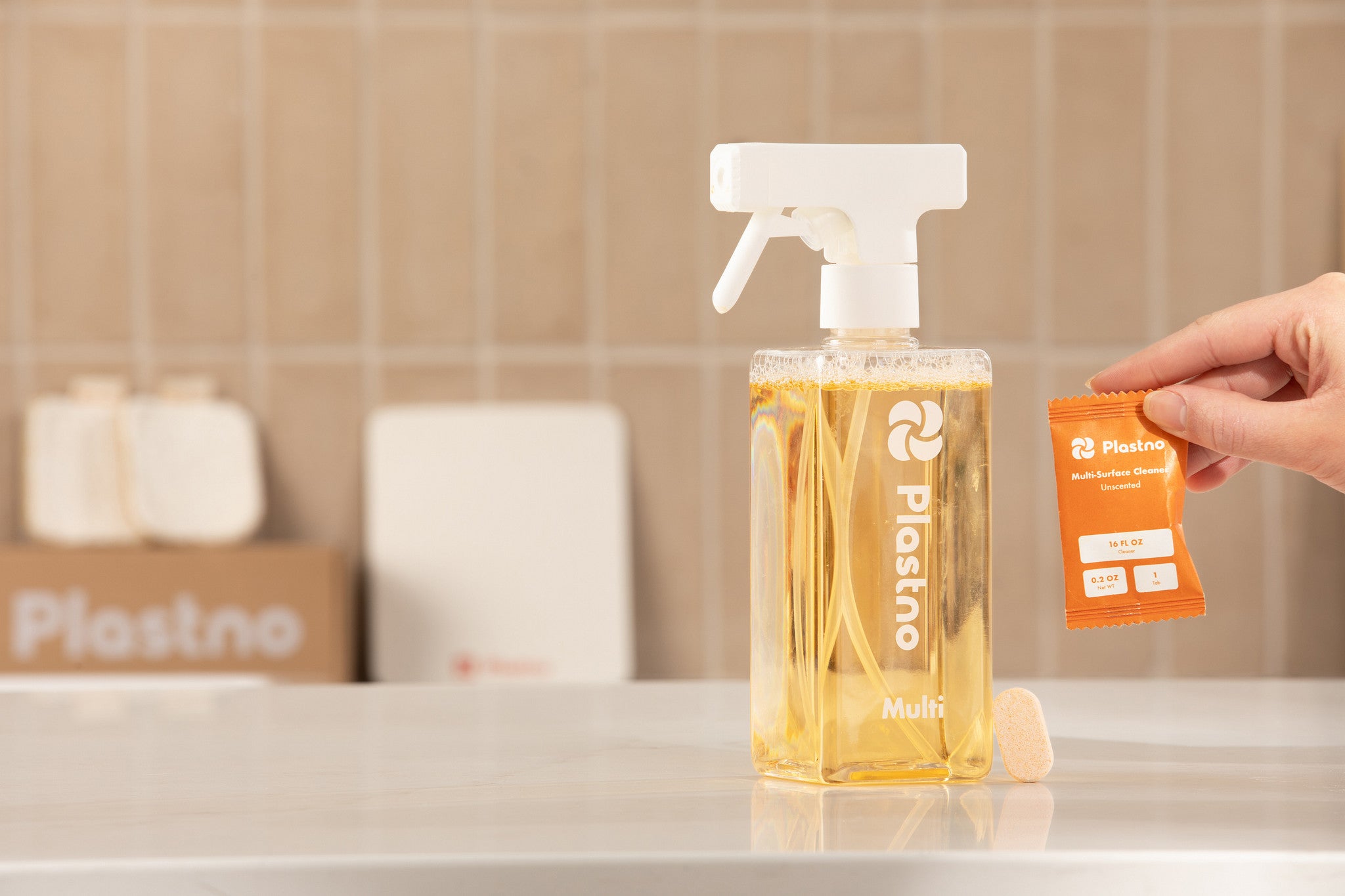 Plastno refillable cleaning spray and mineral-based tablet, plastic-free swap for single-use cleaners