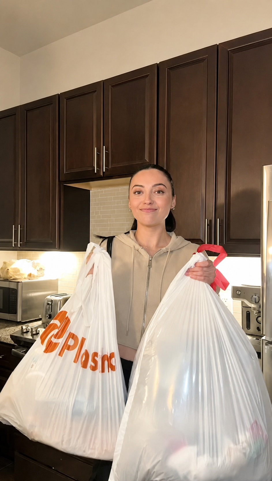 Person in a kitchen holding two full trash bags side by side, a Plastno compostable waste bag with the orange logo in one hand and a standard white plastic bag in the other