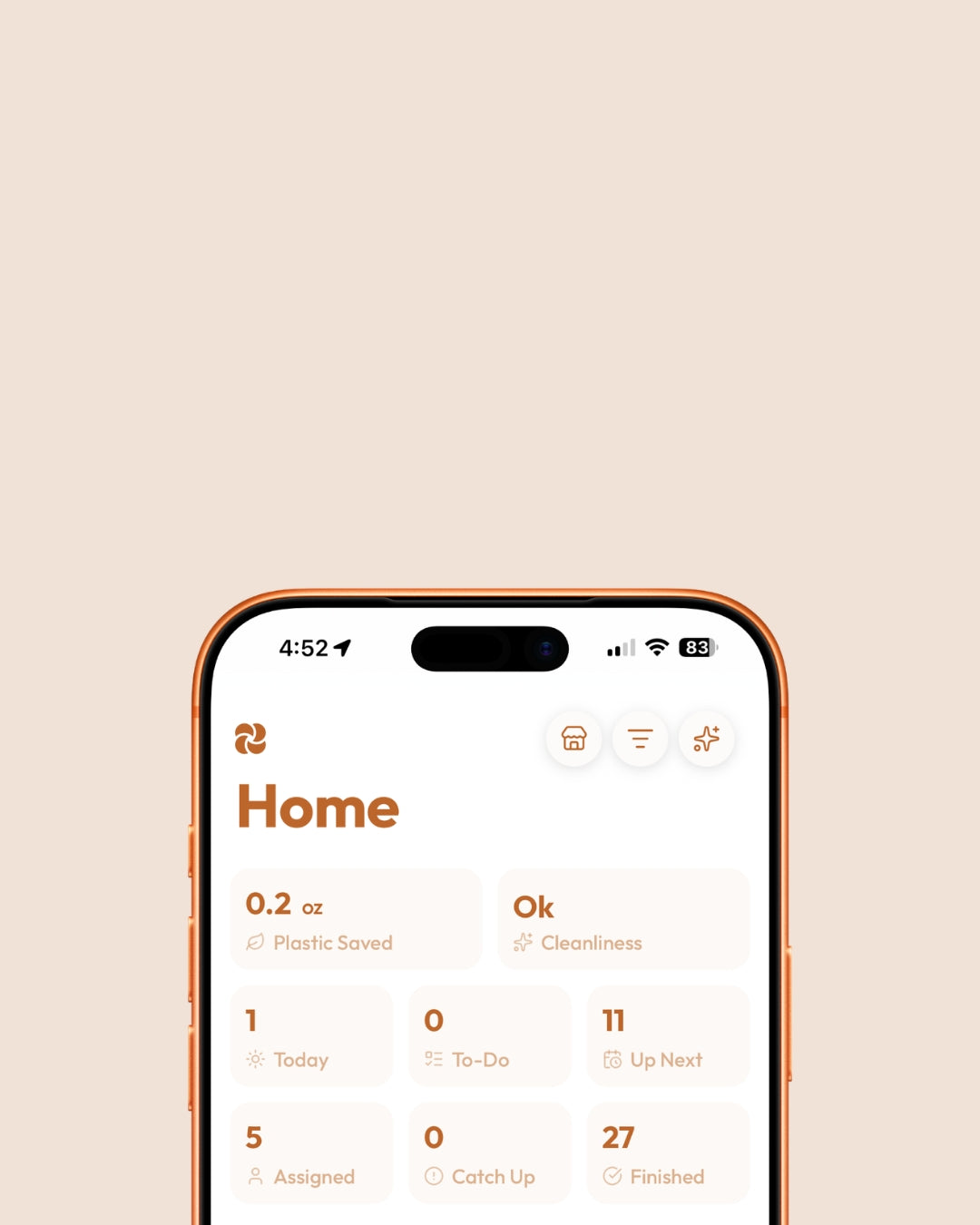 Plastnofy eco cleaning app home screen on an iPhone, showing plastic saved and cleanliness stats.