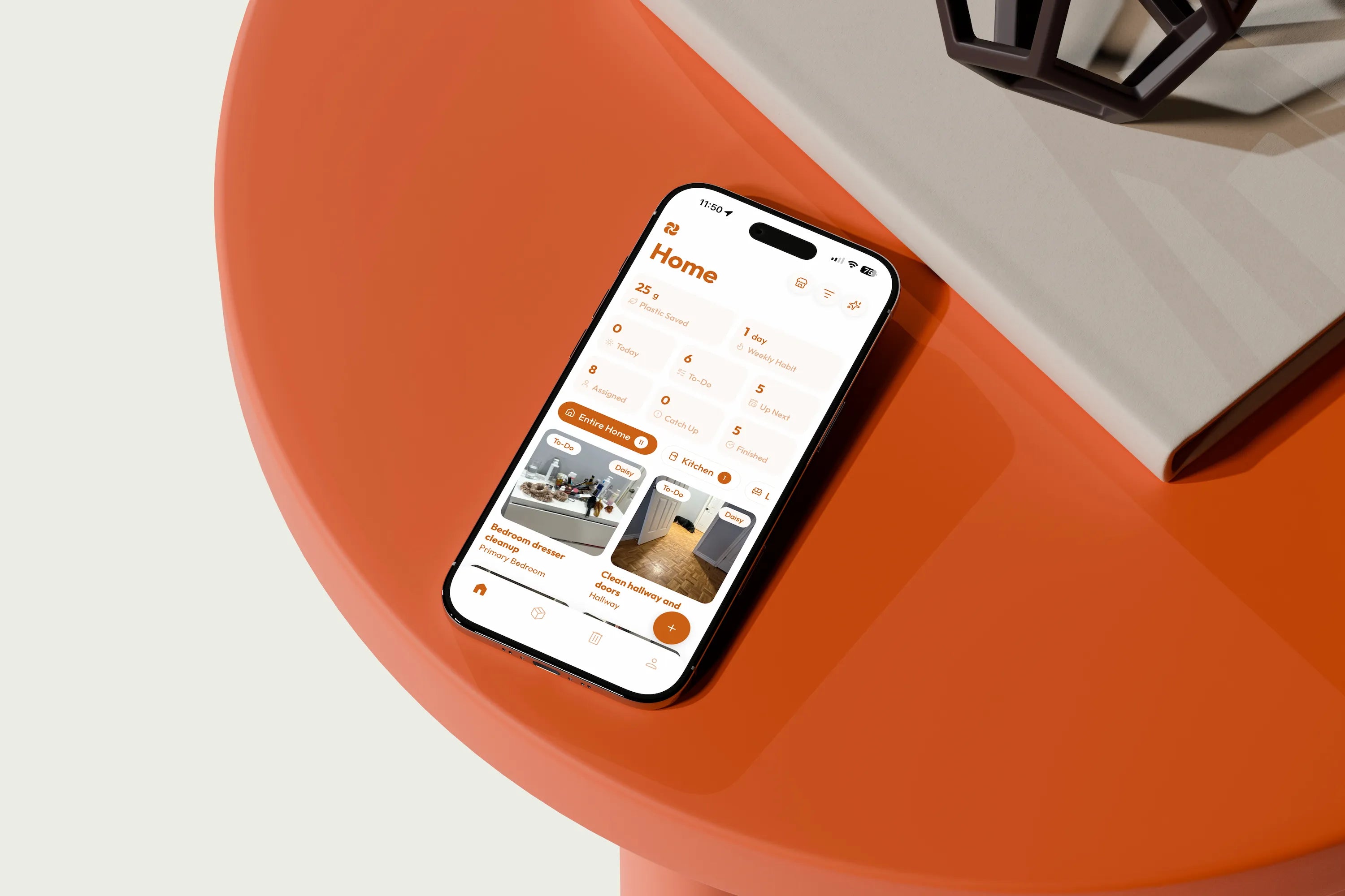 Plastnofy sustainable home cleaning app shown on iPhone, displaying the home dashboard with chore tracking and plastic savings